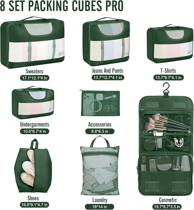 Veken 8 Set Packing Cubes for Travel Essentials, Suitcase Organizer Bags in 4 Sizes, Carry-On Luggage Accessories with Large Laundry & Hanging Toiletry Bag, Must-Have for Airplane, Road Trip & Camping