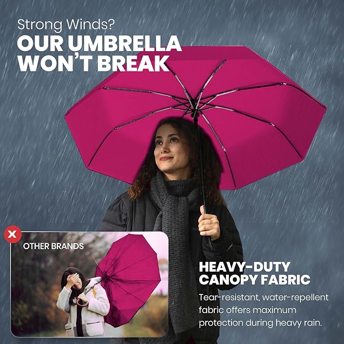 Rain-Mate Windproof Compact Umbrellas for Rain - Strong Reinforced Fiberglass Rib Design & Auto Open & Close - Portable Folding Travel Umbrella - Lightweight & Packable for Women & Men, Easy Collapse