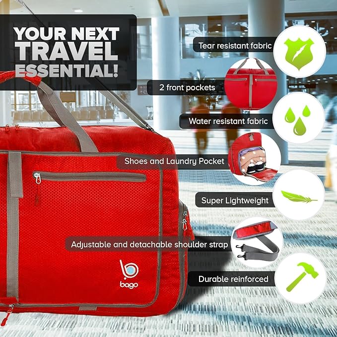 Bago Large Duffle Bag for Travel Women & Men. Durable Lightweight Foldable Travel Duffel Bags For Traveling Women. 80L Duffle Bags For Overnight Bag With Shoe Compartment Collapsible Weekender duffel