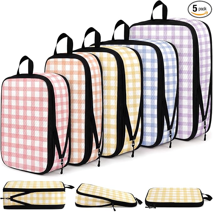 5 Pack Compression Packing Cubes for Travel Space Saving Cubes Luggage Organizer for Suitcase(Plaid,Mixed)