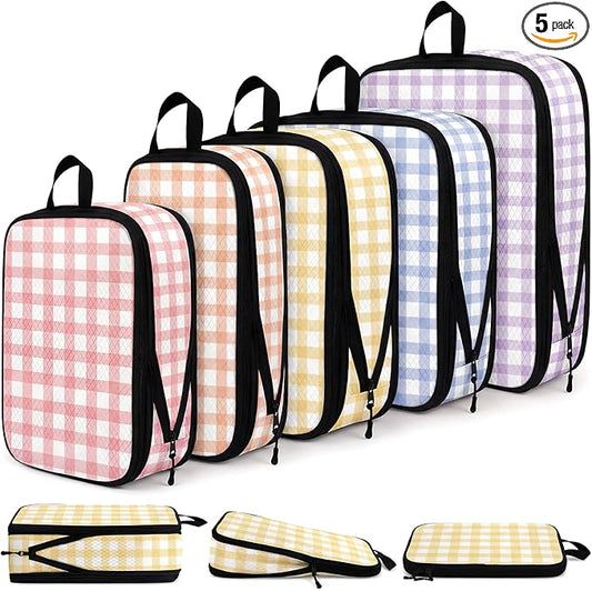 5 Pack Compression Packing Cubes for Travel Space Saving Cubes Luggage Organizer for Suitcase(Plaid,Mixed)