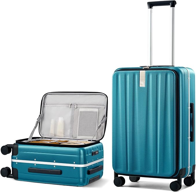 Hanke 24 Inch Checked Luggage Hard Shell Top Opening Aluminum Frame Hardside Medium Suitcase with Spinner Wheels, Durable Rolling Luggage for Men & Women Travel, Caribbean Blue