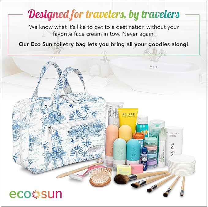 Eco Sun Hanging Travel Toiletry Bag — Designed in Hawaii — Water-resistant Travel Organizer for Bathroom Accessories (Baby Blue Safari)