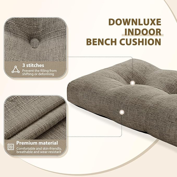 downluxe Indoor Bench Cushion for Indoor Furniture, Non-Slip Tufted Overstuffed Textured Foam Bench Seat Cushion, 48" X 16" X 4", Khaki, 1 Pack