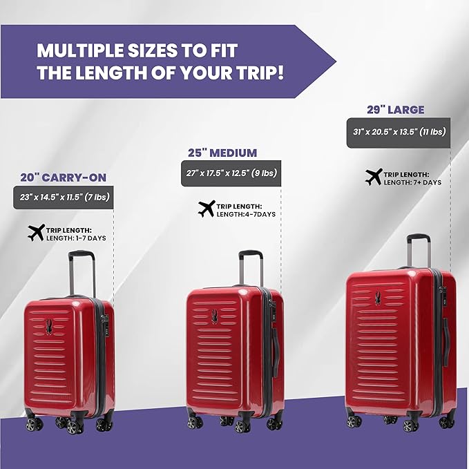 Spyder Rails Expandable Hardside Upright Suitcase with 360° Spinner Wheels, TSA Approved Lock (Red, Medium Checked)
