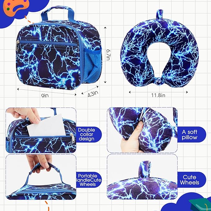 Redbaker 17 Inch 6 Pcs Kids Luggage Set Kids Rolling Luggage Double Pattern Suitcase for Boys Girls (Blue, Lightning Style)