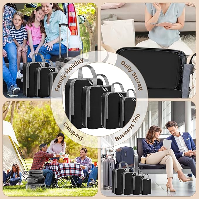 4 Set Compression Packing Cubes for Suitcase - Space-Saving Luggage Organizer Bags, Lightweight Travel Essentials for Efficient Packing (Black)