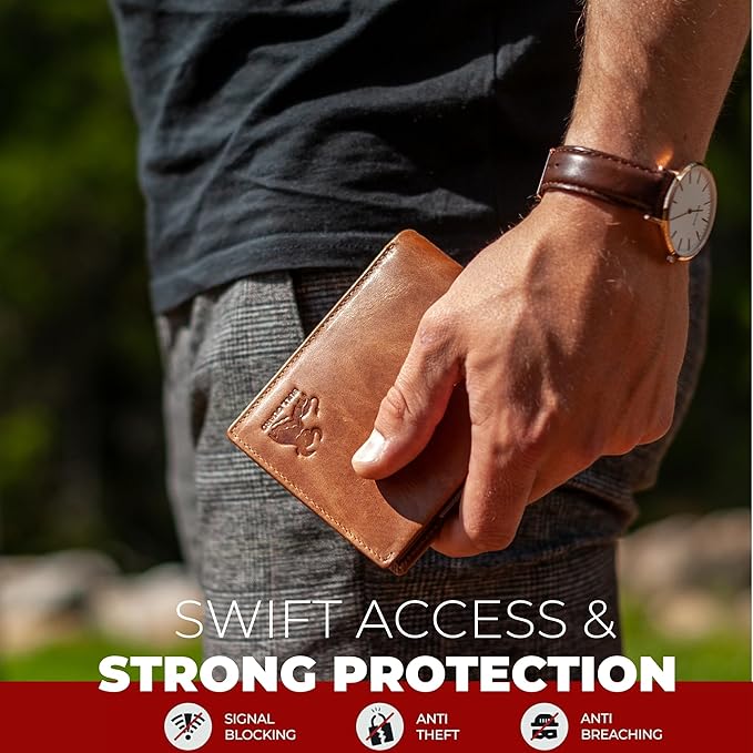 Mens Leather Wallet Bifold with ID Window and RFID Blocking Secure and Durable Extra Capacity Billfold with 11 Credit Cards In Wild Buck Tan