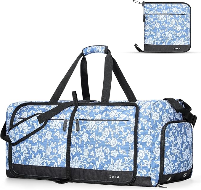 Lekesky Foldable Travel Duffle Bag for Women, Large Duffel Bag with Separate Shoes Compartments & Straps, Carry On Weekend Bag for Women (Blue Floral Print, 80L)