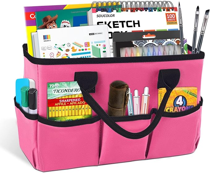 Godery Desktop Tote and Organizer, Teacher Helper Caddy Bag for Arts, Books, Stationery, Office Desk Organization, Make-up Storage with Handles for Travel, Pink