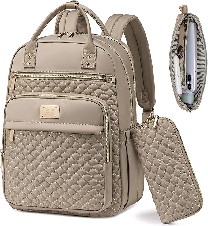 Laptop Backpack for Women,15.6 Inch Laptop Backpack for Work,Water Resistant Travel Backpack,College Bookbag with Wallet (Khaki)