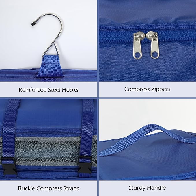 Surblue Hanging Shelves Travel Storage Bag Compression Packing Cube for Suitcase Portable Closet Organizer Collapsible with Extension Layer Large Capacity,Blue,XXL