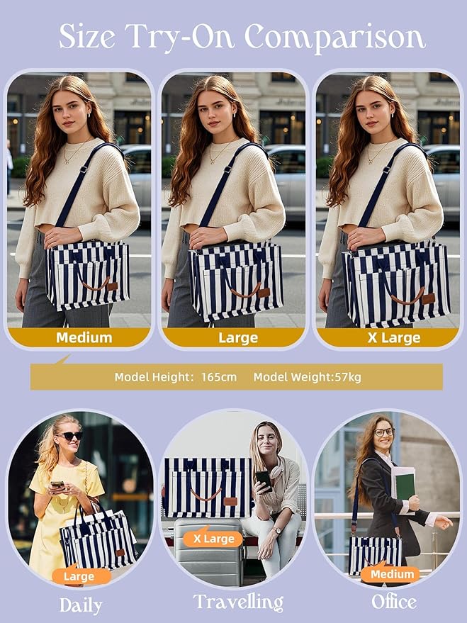 FIORETTO Canvas Tote Bag for Women with Zipper Closure & Individual Compartments for Work College for Teacher & Nurse