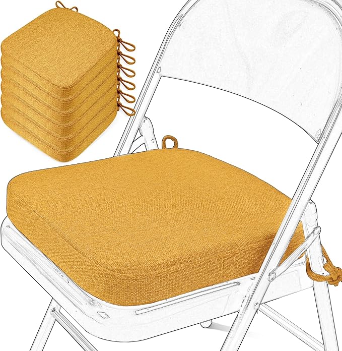 SINOSSO Memory Foam Chair Cushions for Folding Chairs 6 Pack, Thickened 2" Square Pads with Ties for Kitchen Chairs, Indoor Non-Slip Dining Chair Seat Cushions (6 Pcs,Yellow)