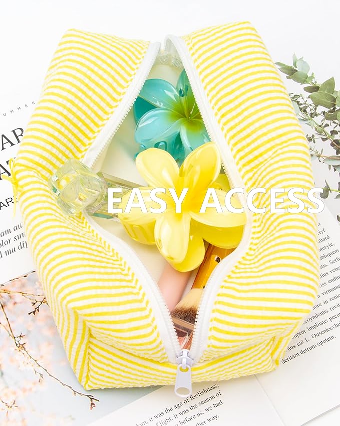 PAZIMIIK 6PCS Cozy Makeup Bag Small Aesthetic Travel Zipper Cosmetic Pouch for Women Make Up Beauty Accessories Brushes, Stripe Yellow