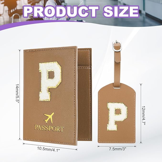 PATIKIL Passport Holder for Travel, Initial Passport Cover and Luggage Tag Set with Alphabet Chenille Letter Patch Travel Wallet Bag Suitcase Identifier for Women Family Travel Brown P