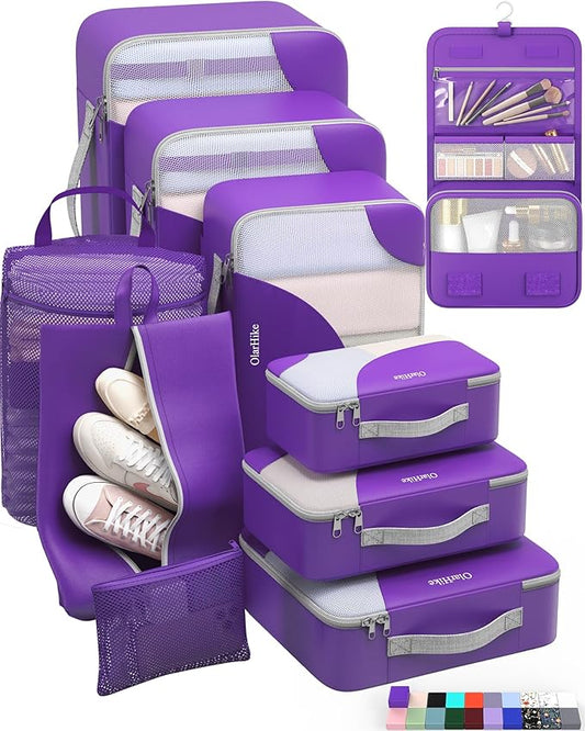 10 Set Packing Cubes for Travel, Gifts for Women Mom,Anti-Tearing Suitcase Organizer for Luggage with Shoe & Hanging Toiletry Bag,OlarHike Vacation Essentials & Accessories for Cruise Ship