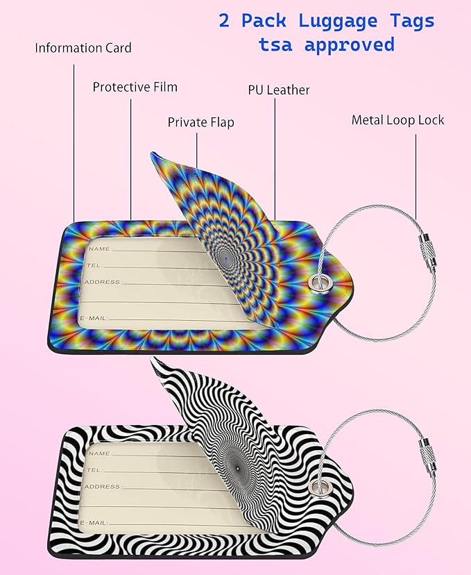 2P Psychedelic spiral Optical illusion delusion spirals colorful abstraction hypnosis Luggage Tags Privacy Cover ID Label Stainless Steel Loop and Address Card for Travel Bag Suitcase Funny Cute Man
