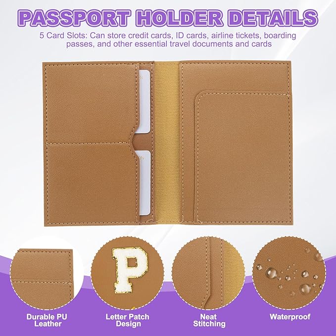 PATIKIL Passport Holder for Travel, Initial Passport Cover and Luggage Tag Set with Alphabet Chenille Letter Patch Travel Wallet Bag Suitcase Identifier for Women Family Travel Brown P