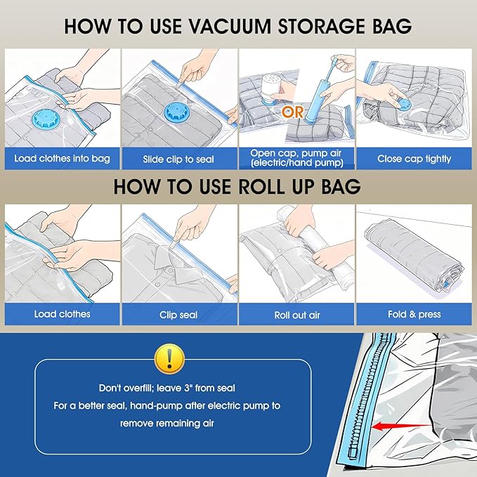 AROIC 50 Pack Vacuum Storage Bags, 5 Sizes + 2 Roll-up (8 Each) Space Saver Vacuum Sealer Bags for Clothing with 1 Electric Pump and 1 Hand Pump, Seasonal Storage Bags for Luggage, Travel Essentials