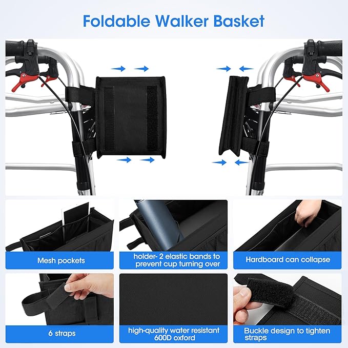 Dotday Upgraded Walker Basket with Cup Holder, Foldable Walker Bag with Large Capacity & Never Tipping Over- Not Fit for Rollator
