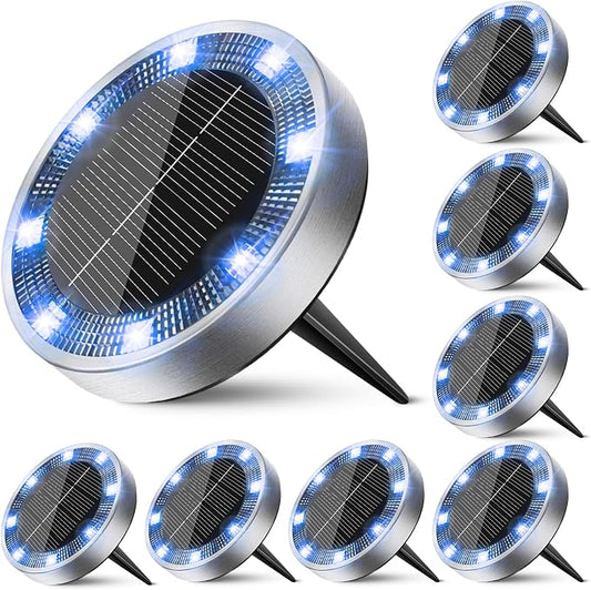 Mini Solar Ground Lights Outdoor, 8 Pack Flat Solar Powered Disc Lights, IP68 Waterproof, Anti-Rust, Landscape Lighting for Pathway Garden Yard Lawn Walkway Landscape Driveway, Blue