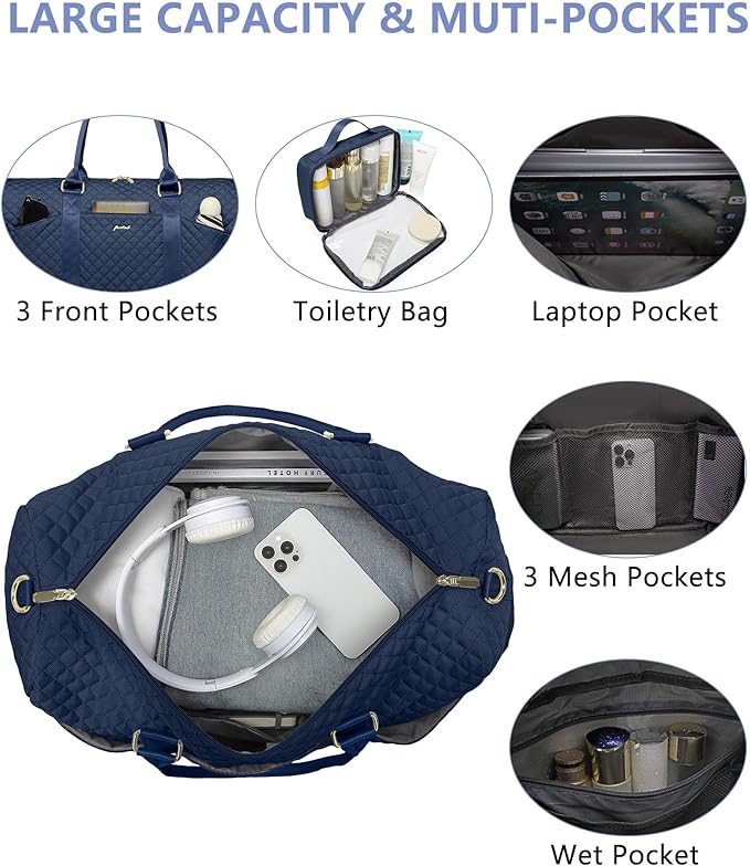 Women Weekender Travel Duffle Bag: Travel Duffel Overnight Bags with Shoe Compartment Large Carry on Tote with Toiletry Bag Weekend Traveling Yoga Gym Hospital Bag for Women with Wet Pocket Blue