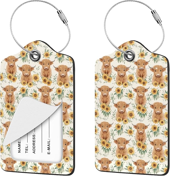 2 Pcs Highland Cow Sunflower Luggage Tag for Suitcases, Cute PU Leather Suitcase Tag Privacy Cover ID Label with Metal Loop, Personalized Baggage Identifier for Cruise Bag Travel Essentials
