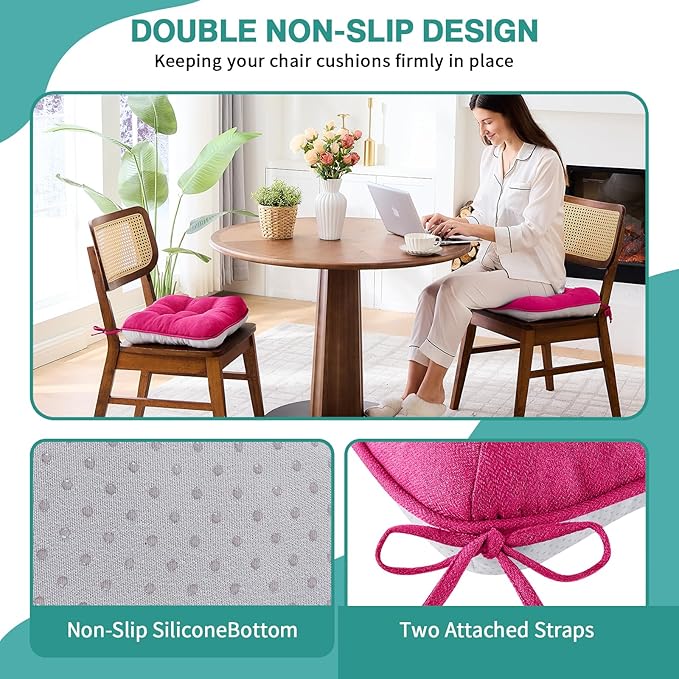 BETU Chair Cushions for Dining Chairs Set of 6,3.5" Thick Kitchen Table Chair Pads with Ties,Non Slip Backing and Covers, Seat Cushion for Dining Room,Bar,Patio Chairs,16"X16"X3.5",Hot Pink