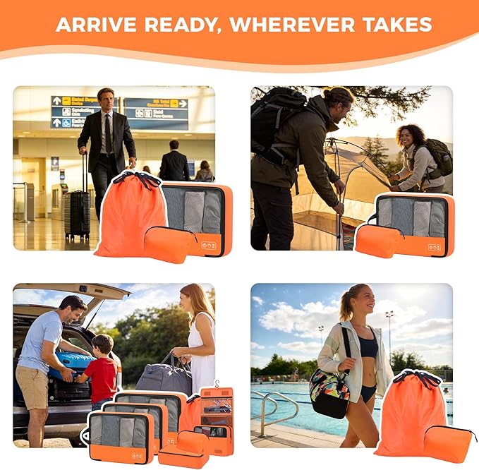 8-Piece Compression Packing Cubes for Travel, Bright & Lightweight Luggage Organizer System for Outdoor Travel & Adventure, Space Save for Backpack, Duffel Bag & Suitcase- Orange