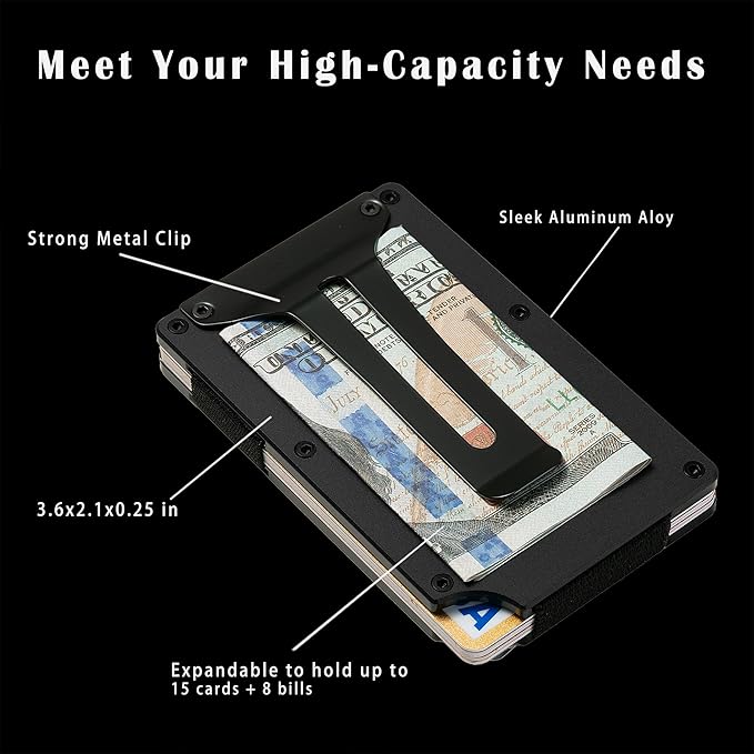 Minimalist Carbon Fiber Wallet for Men, Money Clip Cash Strap Wallet, RFID Blocking Metal Wallet Aluminum Card Holder,Front Pocket Wallet(Matt Black)