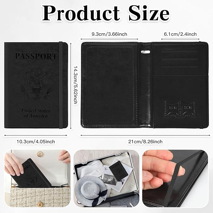 Passport Holder for Travel, RFID Blocking Passport Cover with Pen Holder Leather Passport Wallet Case Travel Must Haves Accessories Passport Book Card Holder for Family Travel Essentials Gifts, Black