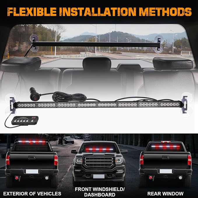35 inch Emergency Traffic Advisor Light Bar 48 LED Strobe Lights | Red White Safety Hazard Warning Caution Lights Front Windshield Rear Window Mount w/ Controller for Vehicles Trucks