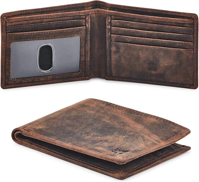 Real Leather Mens Bifold Wallet RFID Blocking Slim Minimalist Front Pocket - Thin & Stylish with ID Window in Gift Box (Crazy Horse, Cognac). | RFID Blocking, Slim, Minimalist, Front Pocket, Thin, Stylish