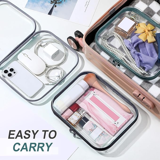 Sanwuta 6 Pcs Clear Hard Zipper Case Plastic Zipper Pouches Transparent Makeup Bag Pencil Case Pouches Toiletry Diaper Bag for Travel Toy Storage Organizer Bins(Blue-green,7.87 x 5.9 x 2 Inch)