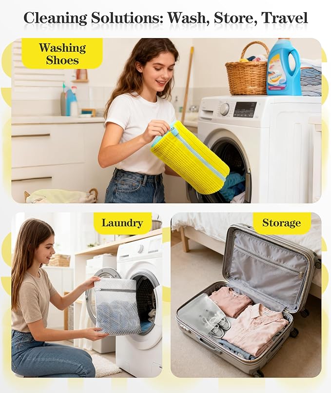 3-IN-1 Laundry & Shoe Washing Machine Bag Kit : Laundry Shoe Bag for Washer and Dryer,Reusable Shoe Cleaning Bag for Sneakers,Tennis,Self-locking Zipper & Microfiber,Include 3 Laundry Bag & 2 Shoe Bag