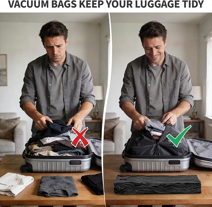 Reusable Vacuum Bags for Travel With Pump,Professional Waterproof IPX8 Vacuum Compression Bag for Suitcases Backpack,Space Saver Bags Packing Organizers for Clothing Packing(2 Pack,Black)