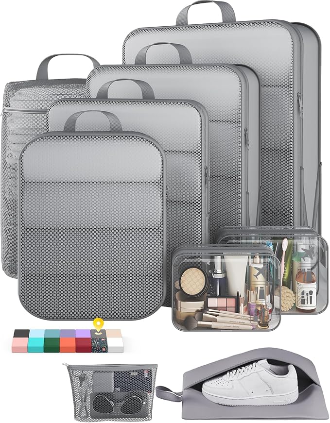 Veken 9/11 Set Compression Packing Cubes for Travel Essentials,Compressible Expandable Large Luggage Suitcase Organizer Bags for Clothing,Durable Space Saver Storage Bags with Toiletry Bags(Gray)