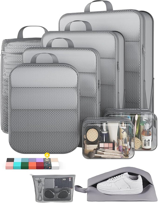 Veken 9/11 Set Compression Packing Cubes for Travel Essentials,Compressible Expandable Large Luggage Suitcase Organizer Bags for Clothing,Durable Space Saver Storage Bags with Toiletry Bags(Gray)