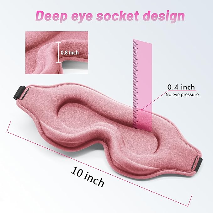 Sleep Eye Mask for Men Women, Sleeping Mask for Side Sleeper, Travel Blackout Night Blindfold Eye Shade Cover with Adjustable Strap (Pink-3D)