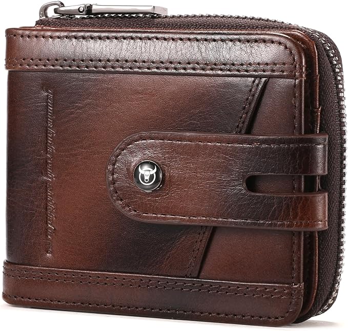 BULLCAPTAIN Genuine Leather Men's Wallet with Zipper Vintage RFID Blocking Large Capacity Wallet for Men with 14 Credit Card Slots and 1 ID Window T23 (Coffee)