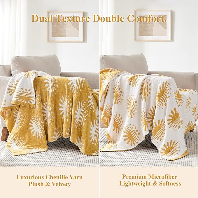 Throw Blanket, Chenille Microfiber Blankets for Couch, Soft Cozy Fluffy Warm Knitted Sunset Blanket for Sofa, Bed, Chair, Reversible Fuzzy Plush Lightweight Decorative Blanket, 50x60 inches