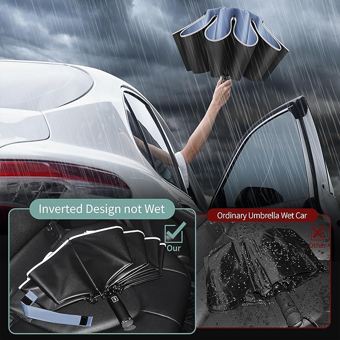 Seniny Inverted Travel Umbrella, Automatic Umbrellas for Rain, Windproof Compact Umbrella with Reflective Stripe, Folding UV Umbrella Sun Umbrella, Portable Large Umbrella for Backpack, Lightweight