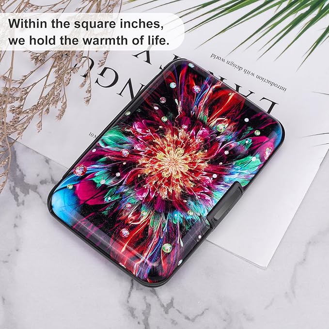 ELFISH Mini RFID Aluminum Wallet Credit Cards Holder Business Card Case Metal ID Case for Men Women (Gorgeous flower)