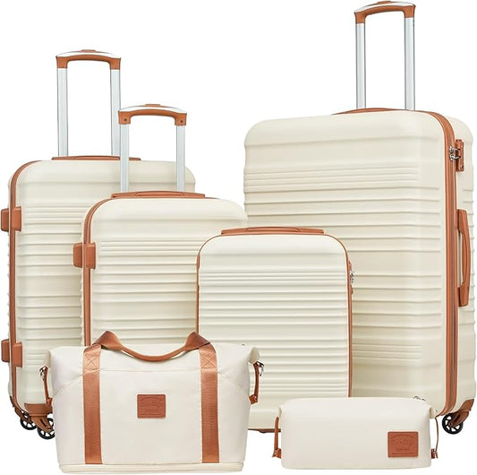 Coolife Luggage Set 3 Piece Luggage Set Carry On Suitcase Hardside Luggage with TSA Lock Spinner Wheels(White, 6 piece set)