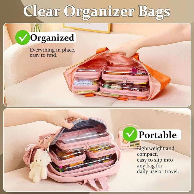 4 pcs Clear Zipper Pouches,Hard Shell Zipper Case, Toiletry Bag for Travel, CLear Diaper Bag, Toiletry Pouch, Travel Organizer, Cosmetic Bag,Toy Storage Bins (M+3S) (Light Pink)