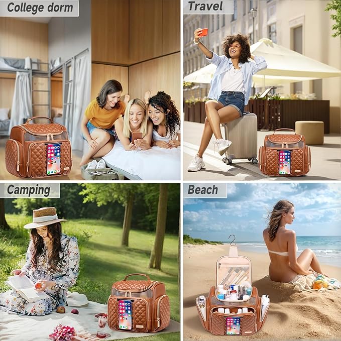 Large Leather Toiletry Bag for Women Men,Bathroom Bag,Water Resistant Shower Bag,Makeup Bag,Portable Shower Caddy for College Dorm,Hanging Travel Toiletry Bag with Transparent Waterproof Phone Pocket