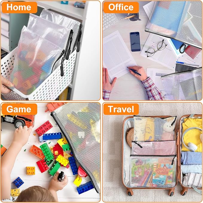 24 Pack A4 Mesh zipper pouch bags, Storage Bags, File Bags for Classroom Organization, Zipper Pouches of office supplies, Puzzles, Board Game Storage（Black）