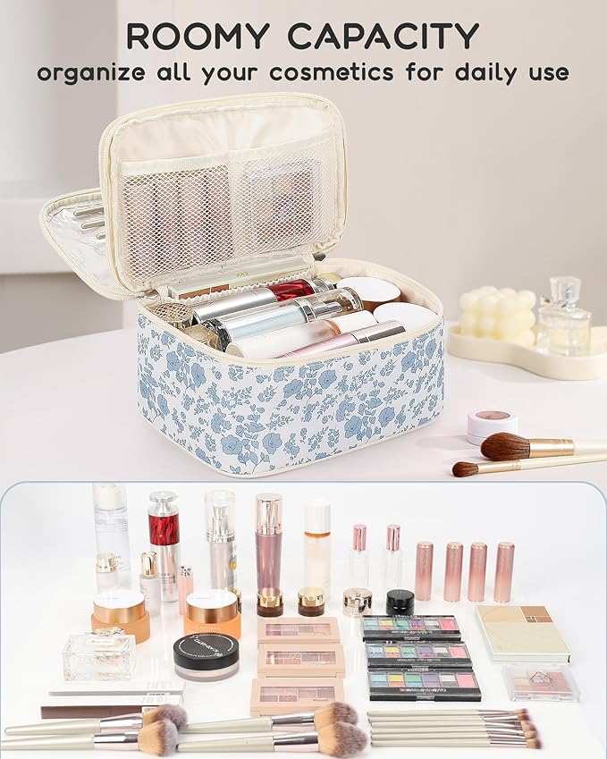 Relavel Travel Makeup Bag, Large Floral Cosmetic Bag with Makeup Brush Compartment, Portable Makeup Pouch for Women, Double Layer Makeup Organizer Bag Cute Toiletry Bag