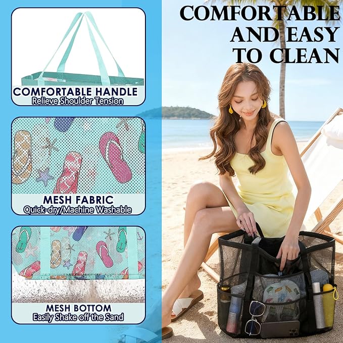 Fammart Mesh Beach Bag, Large Beach Tote with Zipper Pocket, Toys Pool Bag for Family Travel Vacation Cruise Essentials